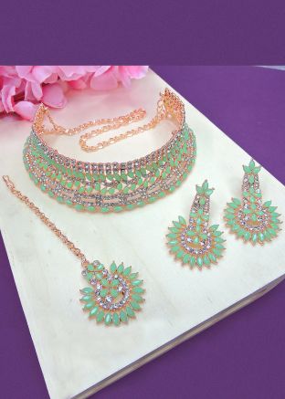 Stone Studded Light Green Choker Necklace Set
