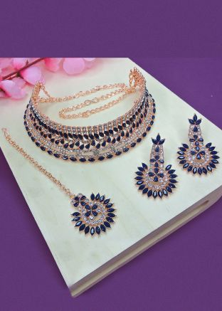 Stone Studded Choker Necklace Set In Navy Blue