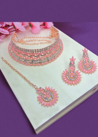 Light Pink Stone Work Choker Necklace Set