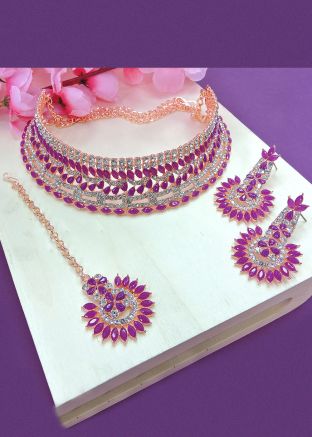Stone Work Choker Necklace Set In Purple