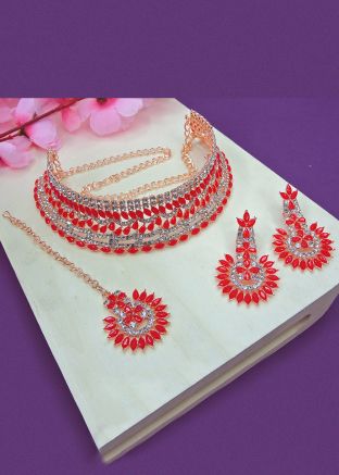 Red Stone Work Choker Necklace Set