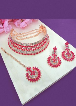 Pink Stone Work Choker Necklace Set