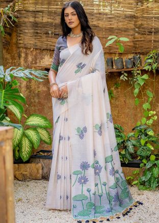 Off-White Embroidered Saree In Art Silk