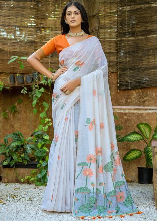 Off-White Embroidered Saree In Art Silk
