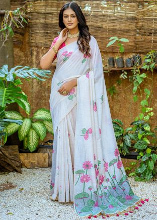 Off-White Embroidered Saree In Art Silk