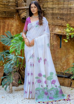 Off-White Embroidered Saree In Art Silk