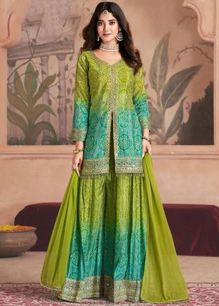 Readymade Shaded Green Bandhej Print Sharara Suit