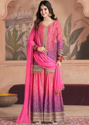 Readymade Shaded Pink & Purple Bandhej Print Sharara Suit