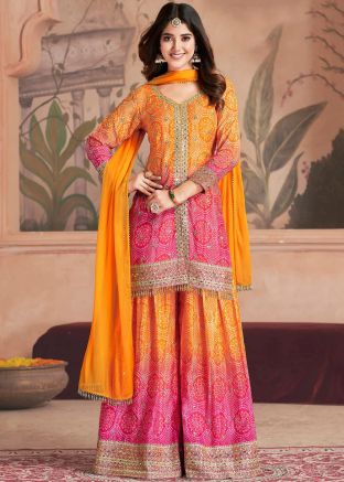 Readymade Shaded Orange & Pink Bandhani Print Sharara Suit