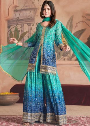 Readymade Shaded Blue Sharara Suit In Bandhani Print