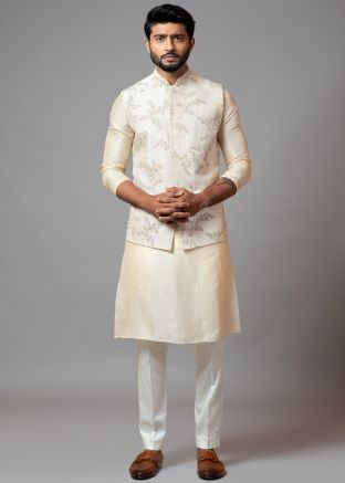 Cream Readymade Nehru Jacket With Kurta Pyjama