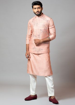 Pink Readymade Nehru Jacket With Kurta Pajama
