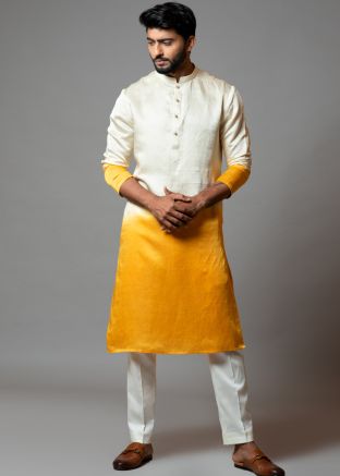 White And Yellow Shaded Readymade Kurta Pyjama