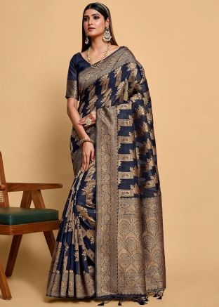 Navy Blue Zari Woven Banarasi Silk Saree