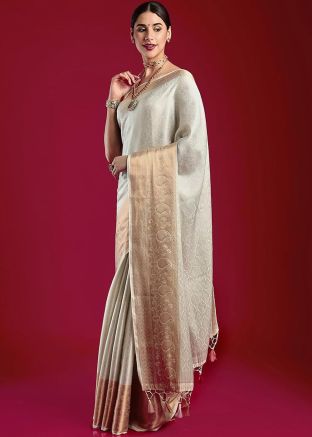 Off White Zari Woven Saree In Kanjivaram Silk