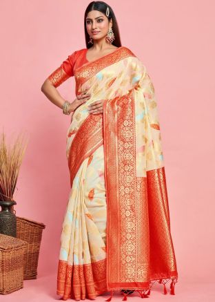 Off White Woven Work Art Silk Saree