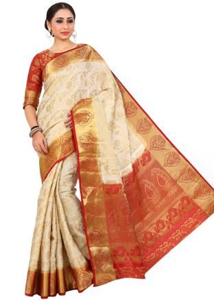 Cream Zari Woven Kanjivaram Silk Saree