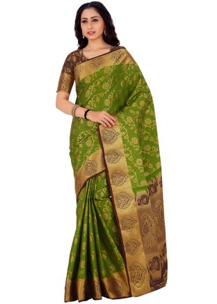 Green Kanjivaram Silk Saree In Woven Work