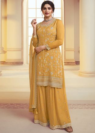 Prachi Desai Yellow Chiffon Sharara Suit In Thread Embroidery