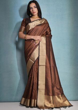 Brown Zari Work Saree In Banarasi Silk