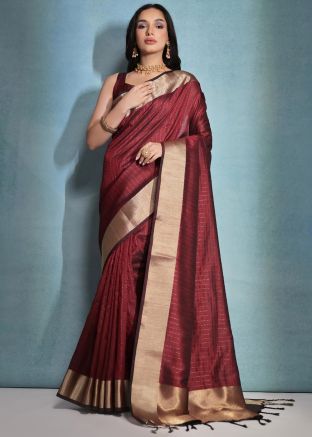 Maroon Zari Work Saree In Banarasi Silk