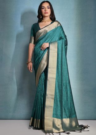 Blue Zari Work Saree In Banarasi Silk