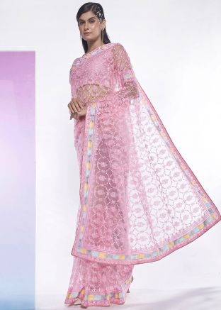 Pink Embroidered Saree In Net
