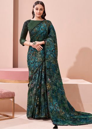 Green Floral Printed Saree In Organza
