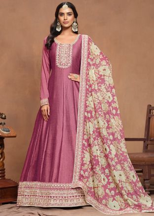 Pink Embroidered Art Silk Anarkali Suit