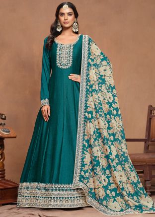 Teal Green Art Silk Anarkali Suit Set