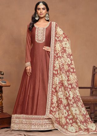 Brown Art Silk Anarkali Suit In Embroidery