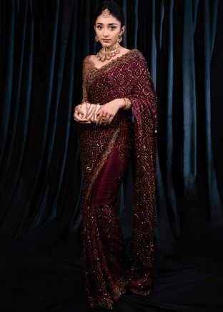 Maroon Sequins Embellished Silk Georgette Saree