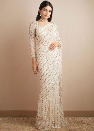 Off White Sequins Embellished Net Saree