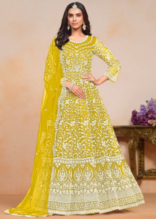 Yellow Embroidered Anarkali Suit In Net