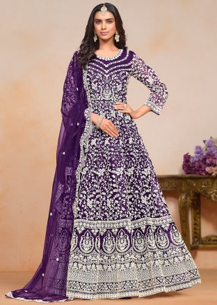 Purple Embroidered Anarkali Suit With Dupatta
