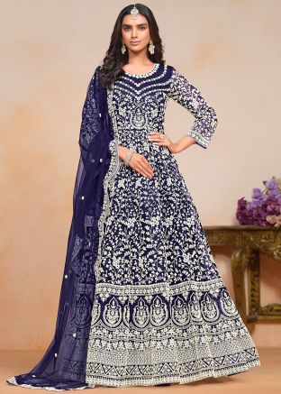 Navy Blue Embroidered Anarkali Suit With Dupatta