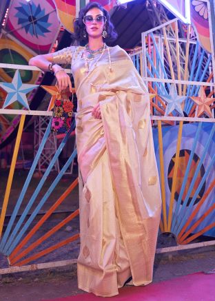 Cream Zari Woven Saree In Silk