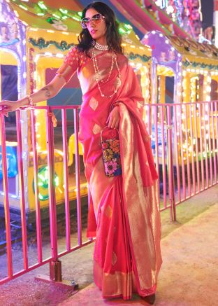 Pink Zari Woven Saree In Silk
