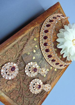 Maroon Alloy Based Stone Studded Necklace Set