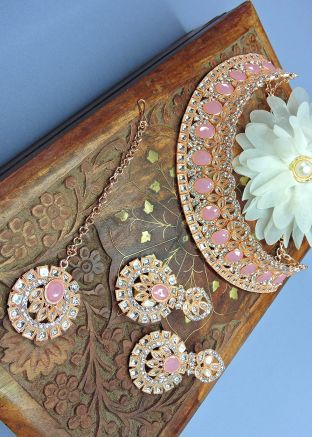 Pink Stone Studded Necklace Set