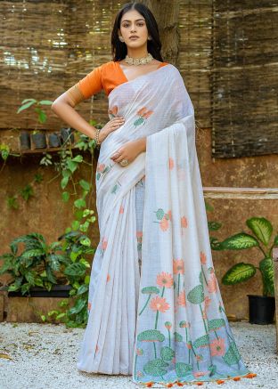 White Silk Saree In Woven Work