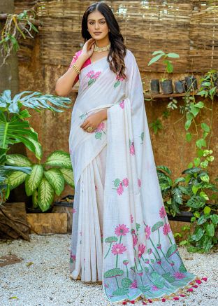 White Woven Work Saree In Silk