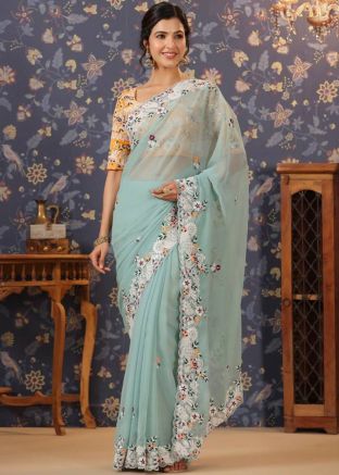 Sky Blue Embroidered Georgette Saree & Blouse