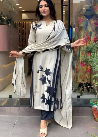 White Floral Printed Salwar Suit Set