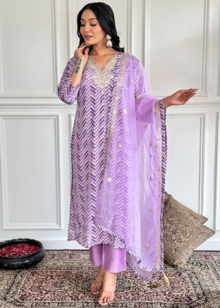 Purple Embroidered Salwar Suit Set In Crape