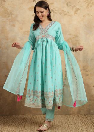 Blue Embroidered  Salwar Suit Set In Rayon