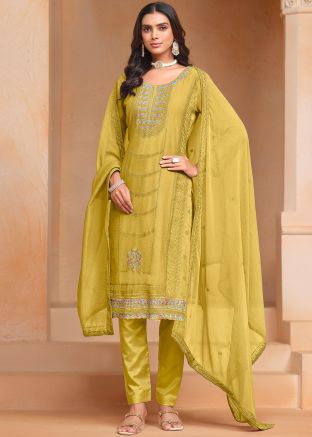 Yellow Embroidered Pant Suit In Chiffon