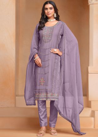 Purple Embroidered Chiffon Pant Suit