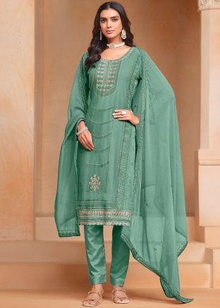 Green Embroidered Pant Style Suit
