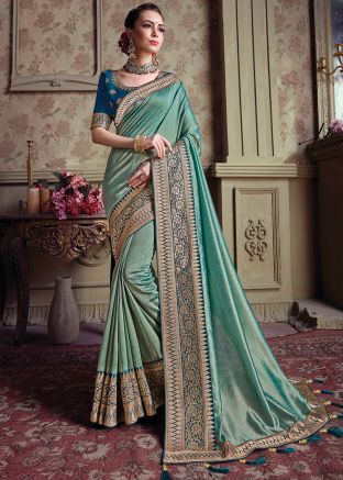 Two Tone Blue Woven Saree In Satin